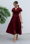 Kuşaklı Poplin Elbise - BORDO