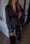 Kuşaklı Saten Blazer Takım - KAHVERENGİ