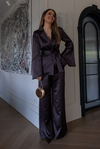 Kuşaklı Saten Blazer Takım - KAHVERENGİ