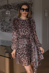 Leopar Desen Kuşak Detaylı Elbise - KAHVERENGİ
