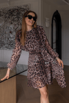 Leopar Desen Kuşak Detaylı Elbise - KAHVERENGİ