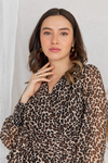 Leopar Desen Kuşaklı Şifon Elbise - KAHVERENGİ