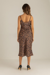 Leopar Desenli Saten Elbise - KAHVERENGİ