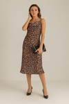 Leopar Desenli Saten Elbise - KAHVERENGİ