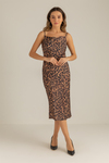 Leopar Desenli Saten Elbise - KAHVERENGİ