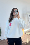 MGZ Çiçek Nakışlı Bisiklet Yaka Sweat - EKRU
