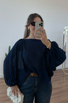 MGZ Dökümlü Yarasa Kol Bluz - LACİVERT