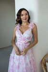 Omuz Volanlı Çiçek Desenli Elbise - PEMBE