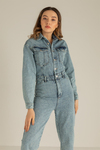 Paça Pensli Denim Tulum-24021 - BUZ MAVİ