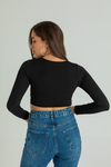 Parlak Taşlı Crop Bluz - SİYAH