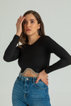 Parlak Taşlı Crop Bluz - SİYAH