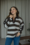 Polo Yaka Çizgili Kopçalı Sweat - KAHVERENGİ
