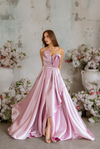 Straplez Drapeli Saten Abiye - PEMBE