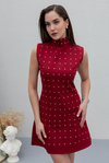 Taş Baskılı Mini Elbise - BORDO
