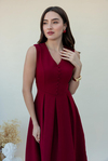 V Yaka Düğmeli Midi Elbise - BORDO