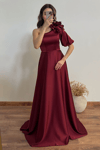 Yaka Çiçek Detayi Saten Abiye - BORDO