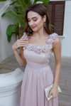 Yaka Çiçekli Simli Abiye - BEJ