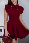 Yaka Taşlı Mini Elbise - BORDO