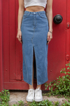 Yırtmaçlı Denim Etek - MAVİ