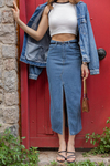 Yırtmaçlı Denim Etek - MAVİ