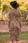 Zebra Desenli Kalem Elbise - CAMEL