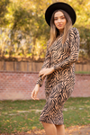 Zebra Desenli Kalem Elbise - CAMEL