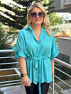 Kolları Fırfırlı Belden Büzgü Detaylı Gömlek Bluz MAVİ-23YUST000127