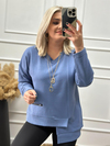 V Yaka Cepli Asimetrik Sweatshırt İNDİGO-23KUST000065