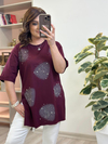Yuvarlak Taşlı Yanları Yırtmaçlı Tshirt BORDO-23YUST000229