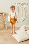 Baby Joko - Unisex Çocuk Hardal Rengi Askılı Yumuşak Fitilli Kadife Askılı Romper