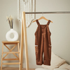 Baby Joko - Unisex Çocuk Yumuşak Fitilli Kadife Bağlamalı Yandan Cepli Kahverengi Tulum