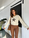 Krem Yıldızlı Crop Sweatshirt