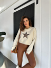 Krem Yıldızlı Crop Sweatshirt