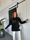 Siyah Çiçek İşlemeli Taşlı Sweatshirt