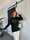 Siyah Çiçek İşlemeli Taşlı Sweatshirt