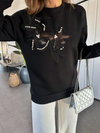 Siyah Çiçek İşlemeli Taşlı Sweatshirt