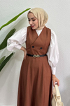  Sofya Keten Düğme Detaylı Jile Elbise -kahverengi