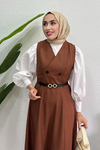 Sofya Keten Düğme Detaylı Jile Elbise -kahverengi