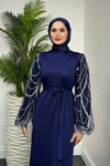 Angelica Kolları Simli Tesettür Abiye- Lacivert