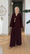 Asel Müslin Kumaş Broşlu Kap-Pantolon Tesettür Takım- Bordo