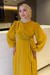 Bağlamalı Mihre Şifon Abiye - Sarı
