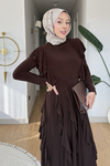 Belin Sendy Kumaş Fırfır Detaylı Tesettür Takım- Kahverengi