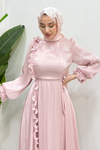 Belus Janjan Kumaş Fırfırlı Tesettür Abiye- Pembe