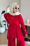 Boby İthal Sandy Kumaş Tunik-Pantolon Tesettür Takım- Kırmızı