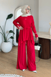 Boby İthal Sandy Kumaş Tunik-Pantolon Tesettür Takım- Kırmızı