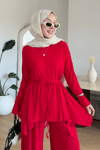 Boby İthal Sandy Kumaş Tunik-Pantolon Tesettür Takım- Kırmızı