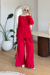 Boby İthal Sandy Kumaş Tunik-Pantolon Tesettür Takım- Kırmızı