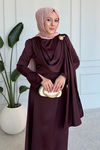 Bonna Broşlu Saten Tesettür Abiye- Mürdüm