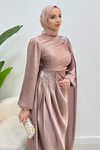 Diores Taş Detaylı Pelerinli Janjan Kumaş Tesettür Abiye- Gül Kurusu