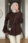 Drem Modal Kumaş Dantelli Tunik- Kahverengi Standart Beden (36-44 Uyumlu)